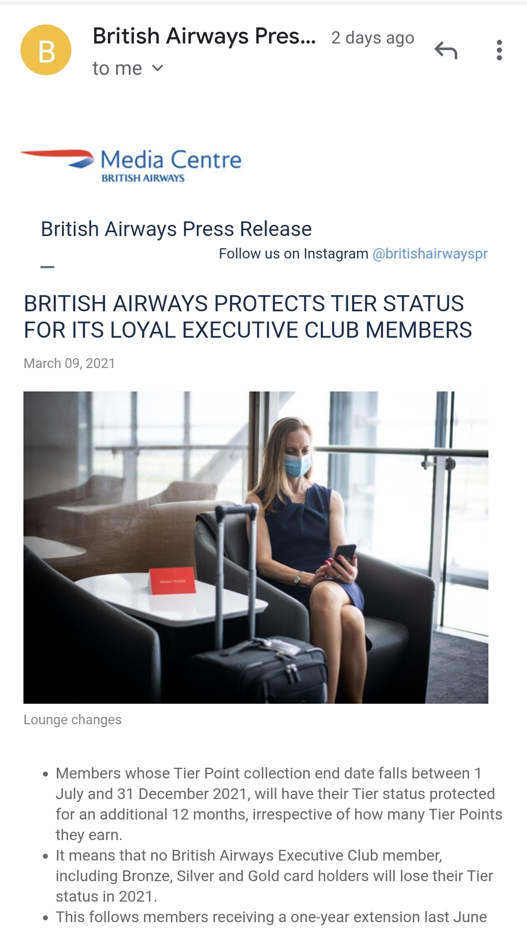 British Airways – Tier Status Announcement