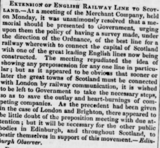 Railway Times – 1837 Plans for Line Between England and Scotland