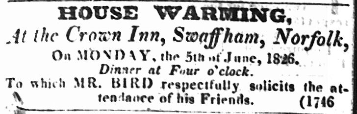 200 Years Ago in Norwich : Housewarming at Crown Inn in Swaffham